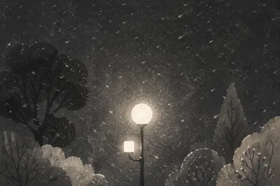 Peaceful Winter Streetlight in Gentle Snowfall