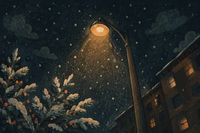 Peaceful Snowfall Beneath Evening Streetlight Glow
