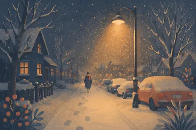 Peaceful Snowfall Beneath Evening Streetlight