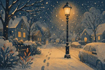Peaceful Winter Streetlight in Gentle Snowfall