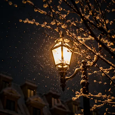 Peaceful Winter Streetlamp in Gentle Snowfall