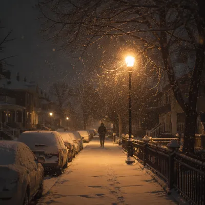 Peaceful Winter Streetlight in Gentle Snowfall