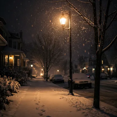 Peaceful Winter Streetlight in Gentle Snowfall