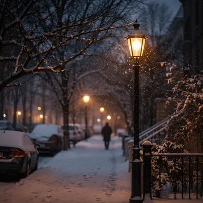 Peaceful Winter Streetlight Snowfall Evening