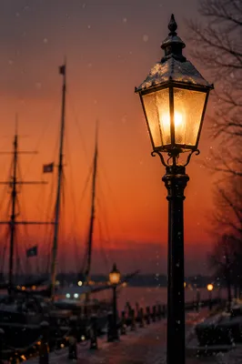 Peaceful Snowfall by Waterfront Streetlight