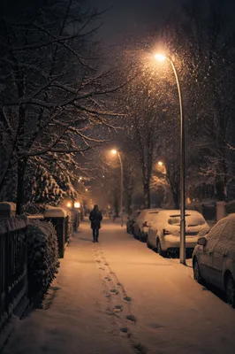 Peaceful Winter Streetlight Snowfall Evening