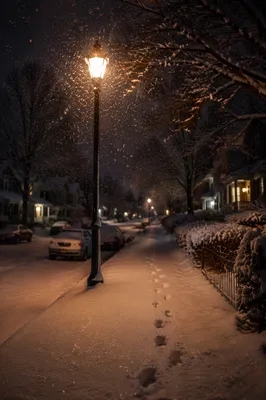 Peaceful Winter Streetlight in Gentle Snowfall