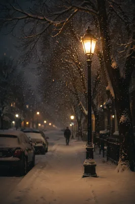 Peaceful Winter Streetlight Snowfall Evening