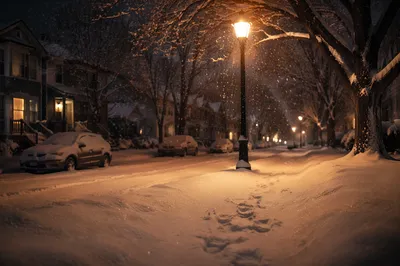 Peaceful Winter Streetlight in Gentle Snowfall