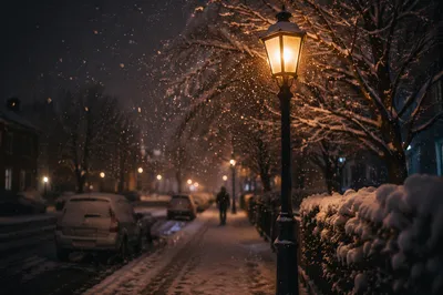 Peaceful Winter Streetlight Snowfall at Dusk