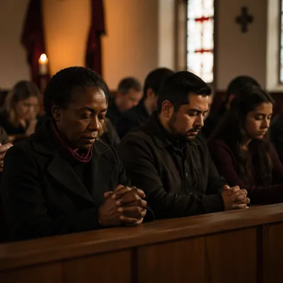 Somber Congregation in Candlelit Church Interior