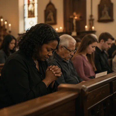 Somber Congregation Praying in Candlelit Church