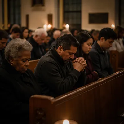 Somber Congregation in Candlelit Church Interior