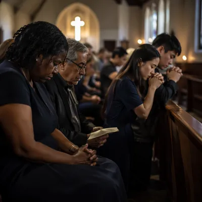 Somber Congregation Praying in Church Sanctuary