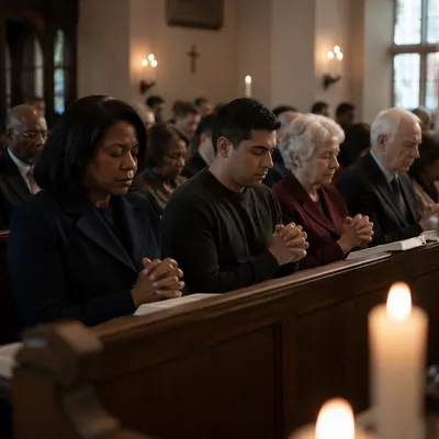 Somber Congregation Praying in Church Interior
