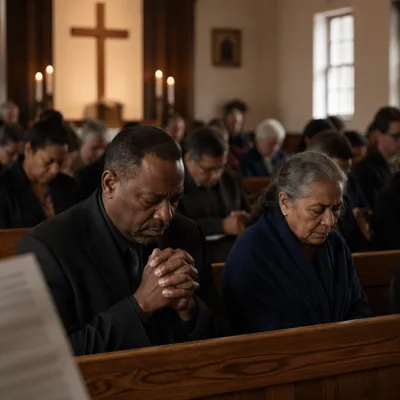 Somber Congregation Praying in Church Hall