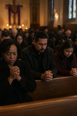 Somber Congregation in Candlelit Church Interior