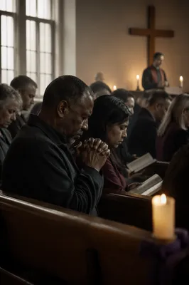 Somber Congregation in Church Sanctuary