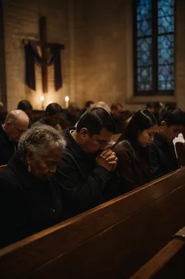 Somber Congregation in Candlelit Church Interior