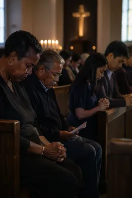 Congregation Praying in Dim Church Sanctuary