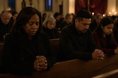 Somber Congregation in Candlelit Church Interior