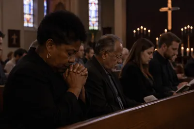 Somber Congregation in Candlelit Church Sanctuary