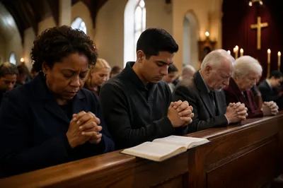 Somber Congregation Seated in Church Interior
