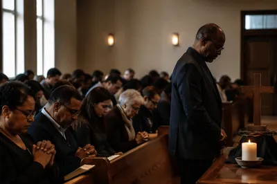 Somber Congregation Praying in Church Hall