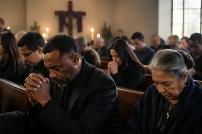 Somber Congregation Praying in Church Hall