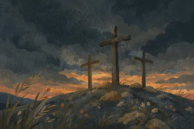 Three Crosses on Dark Good Friday Hill