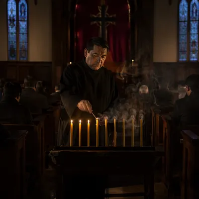 Candles Extinguished in Dim Church Interior