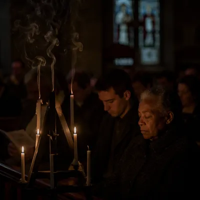 Tenebrae Candles in Dim Chapel Interior