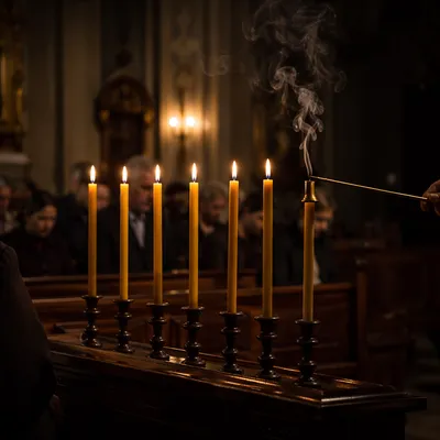 Extinguished Candles in Dim Church Sanctuary