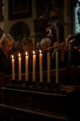 Extinguished Candles in Dim Church Sanctuary