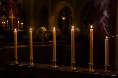 Extinguished Candles in Dim Church Sanctuary
