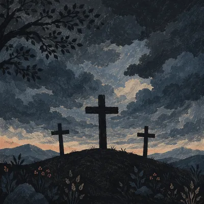 Three Crosses Beneath a Stormy Good Friday Sky