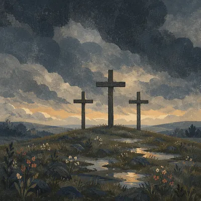 Three Crosses Under Good Friday Storm Sky