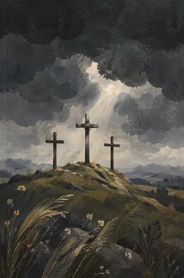Three Crosses Beneath a Dark Good Friday Sky