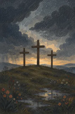Good Friday Three Crosses Under Stormy Sky