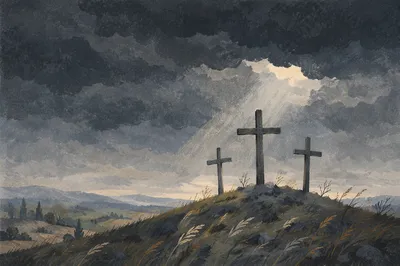 Three Crosses Under Dark Good Friday Sky