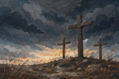 Three Crosses Beneath Dark Good Friday Sky