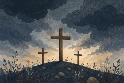 Three Crosses Beneath a Dark Good Friday Sky