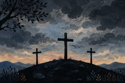 Three Crosses Beneath a Dark Good Friday Sky