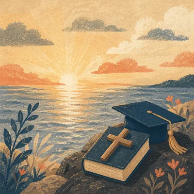 Graduation Cap Bible and Cross at Sunset