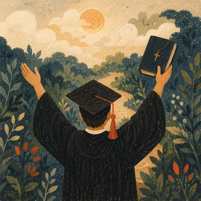 Faithful Graduate Celebrating with Bible and Cross