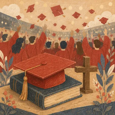 Red Graduation Cap on Bible and Cross
