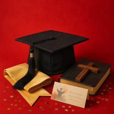 Graduation Cap with Bible and Wooden Cross