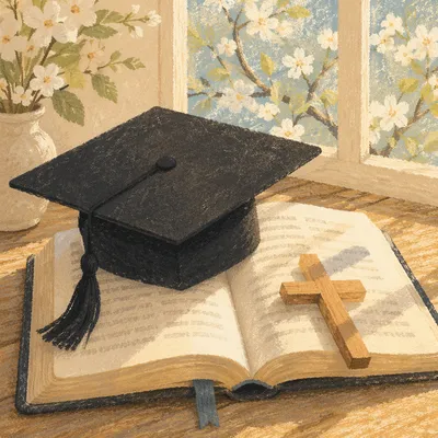 Graduation Cap on Bible with Wooden Cross