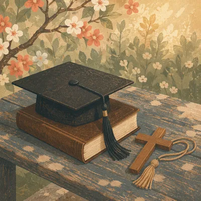 Graduation Cap on Bible with Wooden Cross