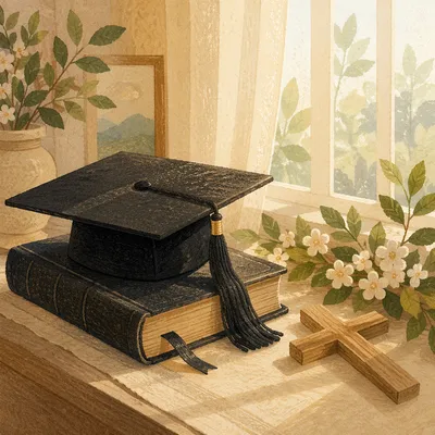 Graduation Cap on Bible with Wooden Cross